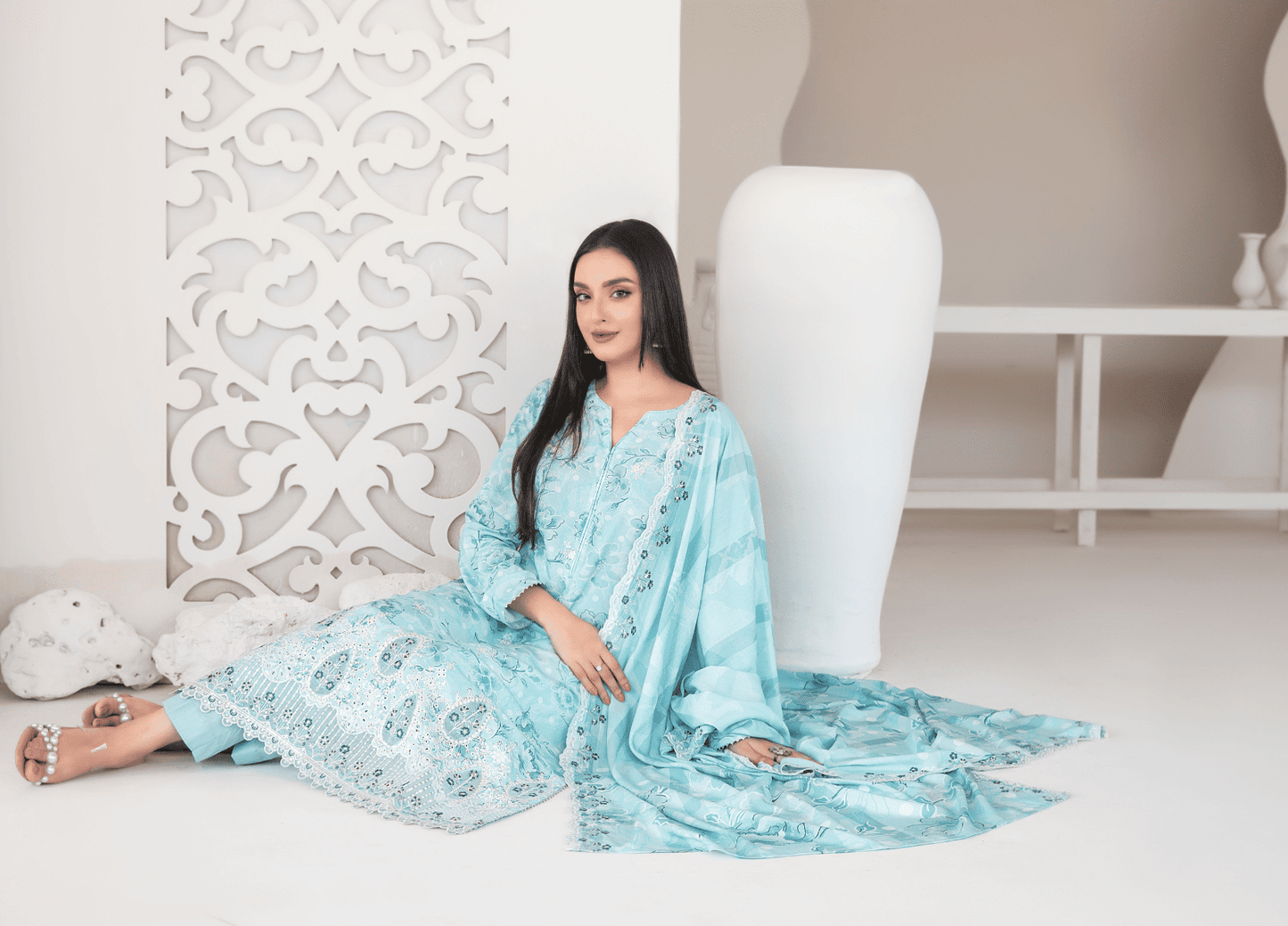 MUSKAAN digital print cutwork shirt, dupatta, trouser - By TAWAKAL (Unstitched) - Libaas Fabrics