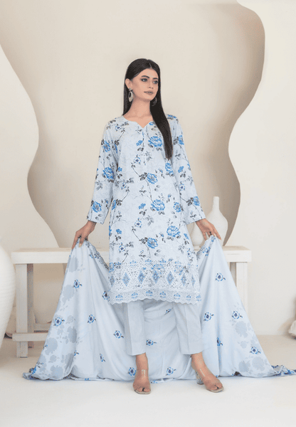 MUSKAAN digital print cutwork shirt, dupatta, trouser - By TAWAKAL (Unstitched) - Libaas Fabrics