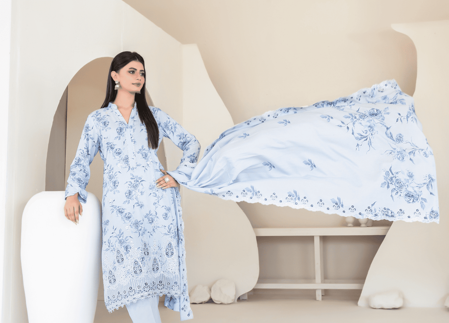 MUSKAAN digital print cutwork shirt, dupatta, trouser - By TAWAKAL (Unstitched) - Libaas Fabrics