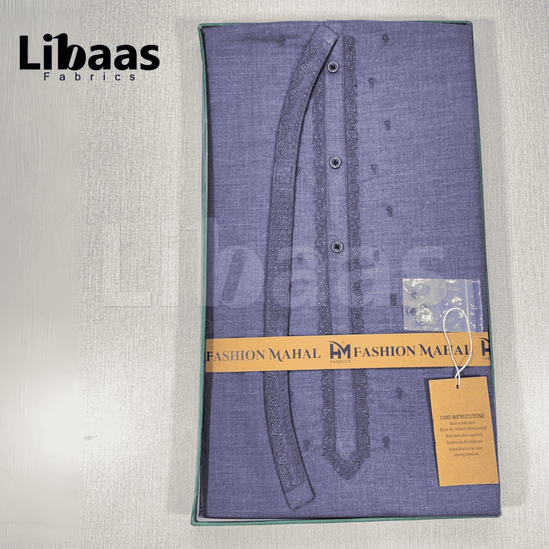Navy Blue Cotton Kurta Fabric – Classic Embroidered Neckline (Unstitched) - Libaas Fabrics