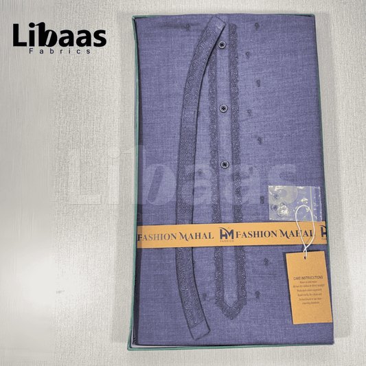 Navy Blue Cotton Kurta Fabric – Classic Embroidered Neckline (Unstitched) - Libaas Fabrics