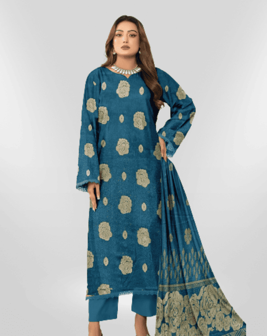 NUREH Fancy Jacquard Zari Peach Leather Shirt with Velvet Shawl & plain Zari Peach Trouser (Unstitched) - Libaas Fabrics
