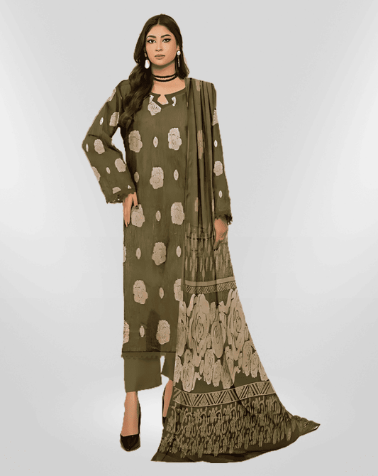 NUREH Fancy Jacquard Zari Peach Leather Shirt with Velvet Shawl & plain Zari Peach Trouser (Unstitched) - Libaas Fabrics