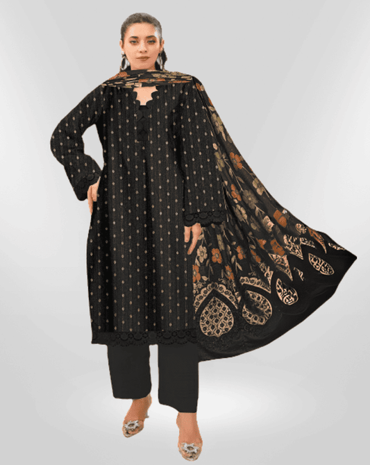 NUREH Fancy Jacquard Zari Peach Leather Shirt with Velvet Shawl & plain Zari Peach Trouser (Unstitched) - Libaas Fabrics