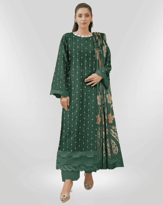 NUREH Fancy Jacquard Zari Peach Leather Shirt with Velvet Shawl & plain Zari Peach Trouser (Unstitched) - Libaas Fabrics