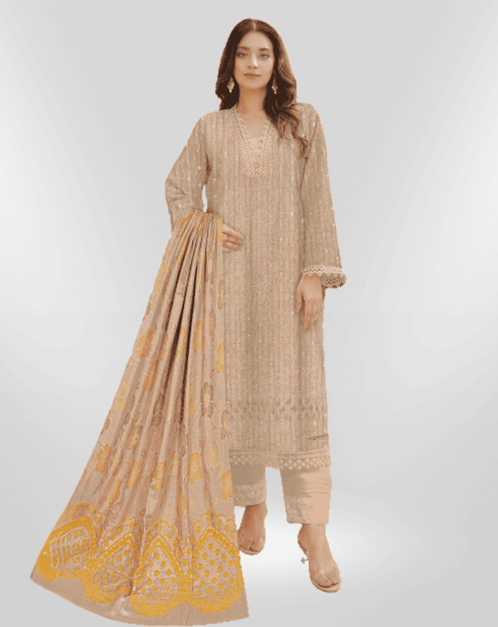 NUREH Fancy Jacquard Zari Peach Leather Shirt with Velvet Shawl & plain Zari Peach Trouser (Unstitched) - Libaas Fabrics