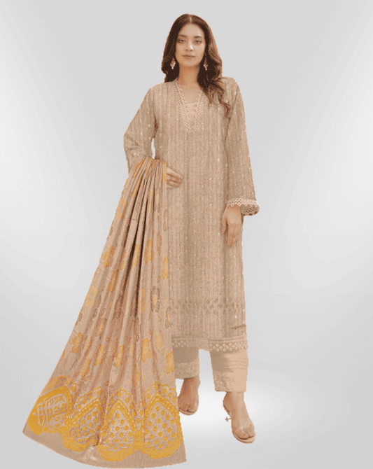 NUREH Fancy Jacquard Zari Peach Leather Shirt with Velvet Shawl & plain Zari Peach Trouser (Unstitched) - Libaas Fabrics