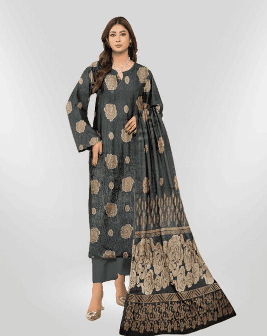 NUREH Fancy Jacquard Zari Peach Leather Shirt with Velvet Shawl & plain Zari Peach Trouser (Unstitched) - Libaas Fabrics