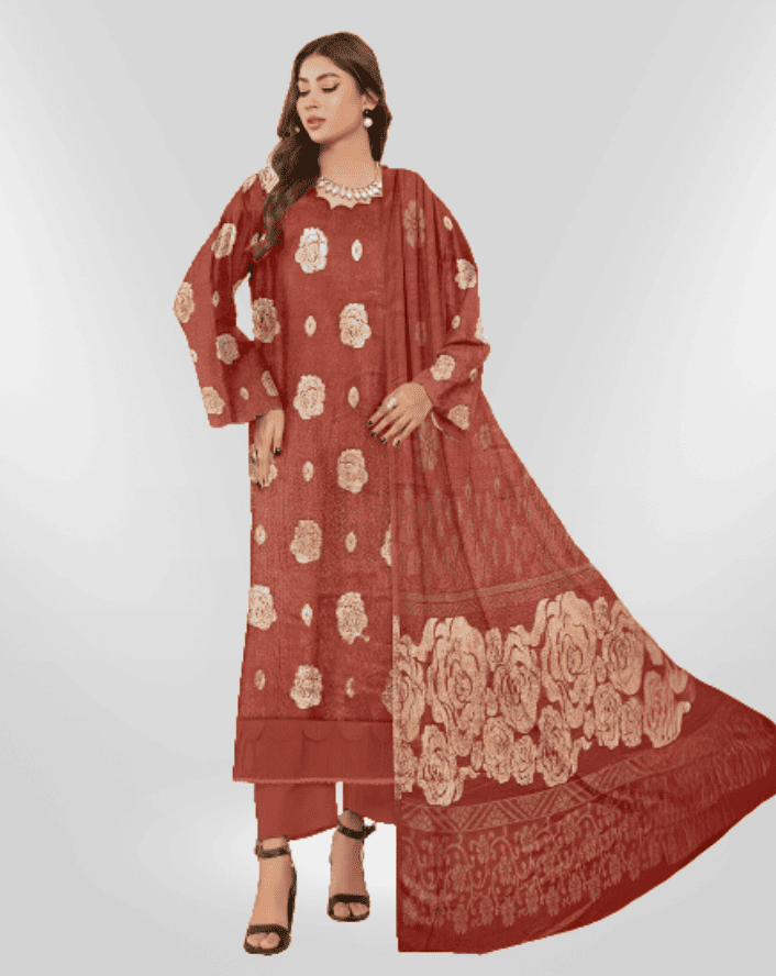 NUREH Fancy Jacquard Zari Peach Leather Shirt with Velvet Shawl & plain Zari Peach Trouser (Unstitched) - Libaas Fabrics