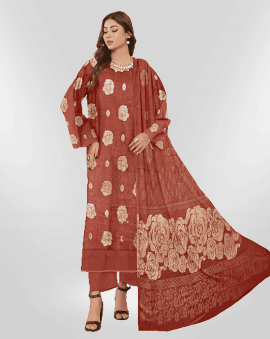 NUREH Fancy Jacquard Zari Peach Leather Shirt with Velvet Shawl & plain Zari Peach Trouser (Unstitched) - Libaas Fabrics