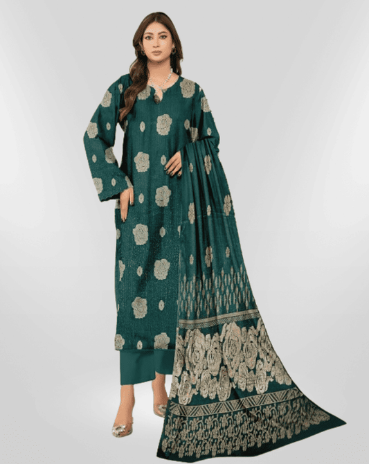 NUREH Fancy Jacquard Zari Peach Leather Shirt with Velvet Shawl & plain Zari Peach Trouser (Unstitched) - Libaas Fabrics