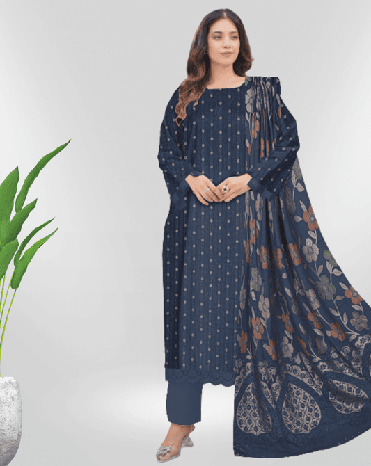 NUREH Fancy Jacquard Zari Peach Leather Shirt with Velvet Shawl & plain Zari Peach Trouser (Unstitched) - Libaas Fabrics