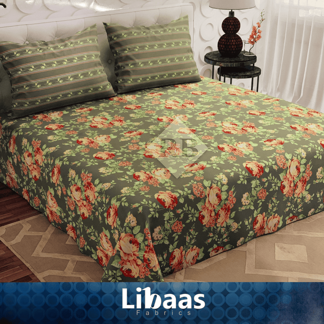 Olive Green Floral Cotton Bed Sheet Set - Libaas Fabrics