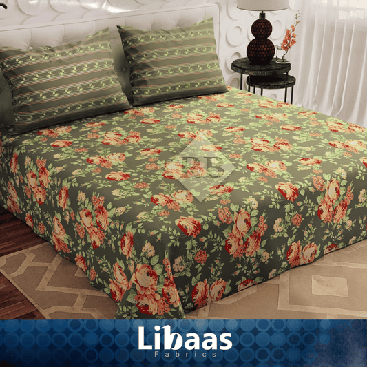 Olive Green Floral Cotton Bed Sheet Set - Libaas Fabrics