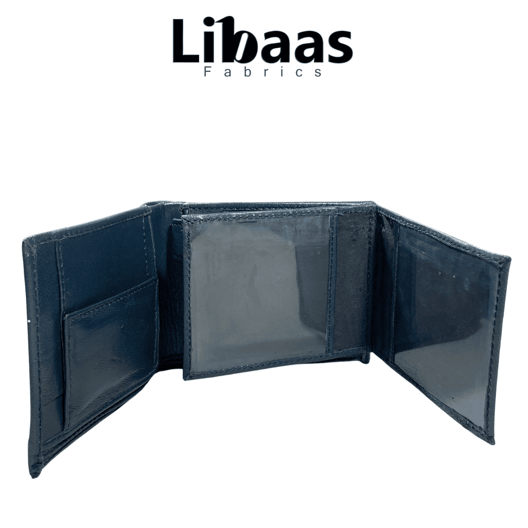 Sheep Leather Tri - Fold Wallet with Transparent ID Slots – Navy Blue - Libaas Fabrics