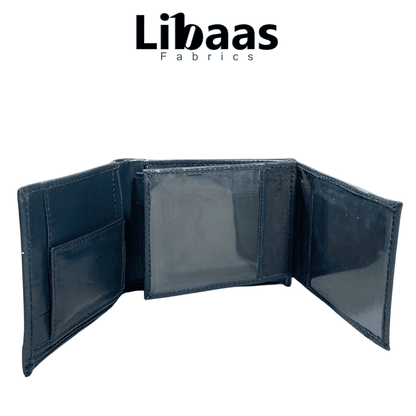 Sheep Leather Tri - Fold Wallet with Transparent ID Slots – Navy Blue - Libaas Fabrics