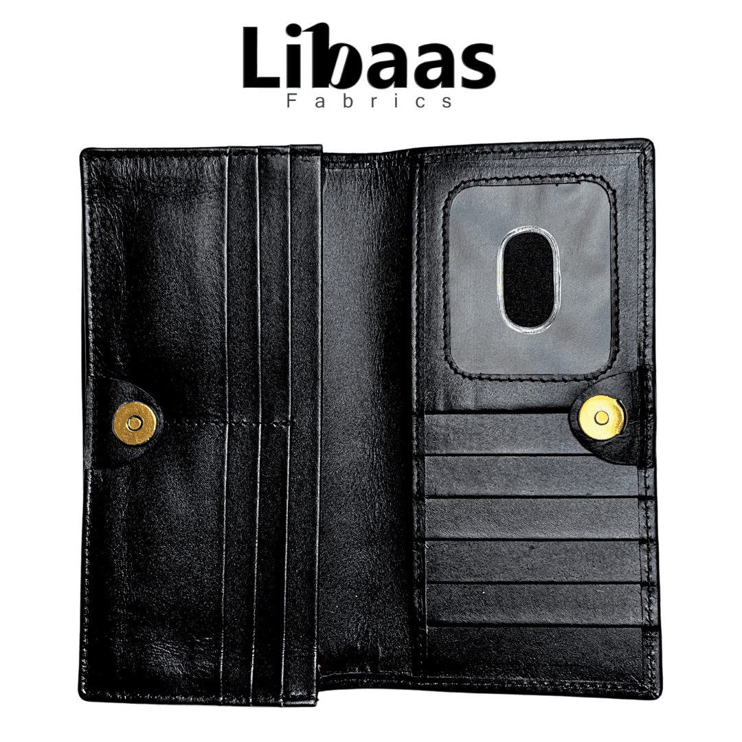 Snap Button Wallet – Black Leather Organizer - Libaas Fabrics