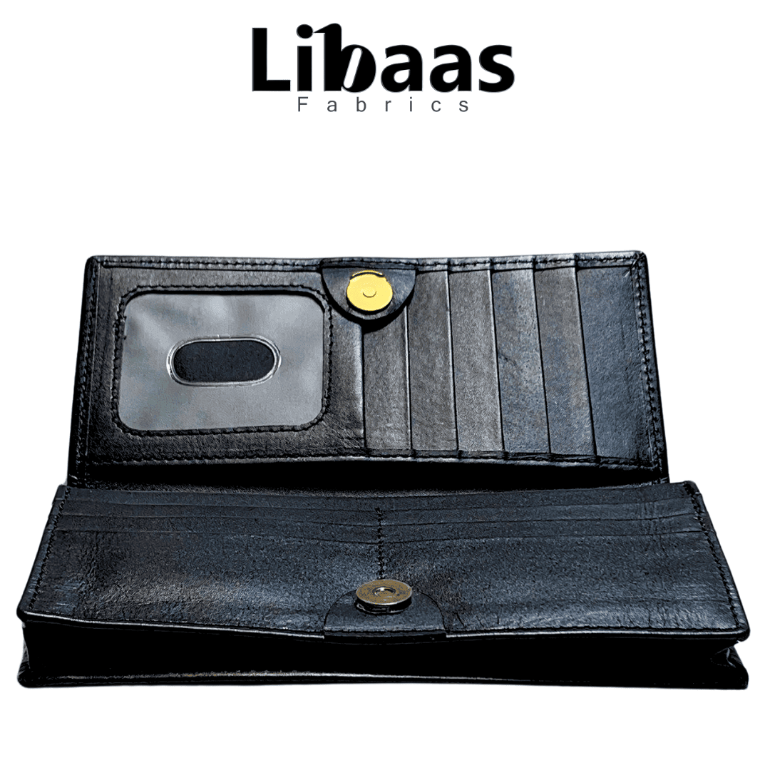 Snap Button Wallet – Black Leather Organizer - Libaas Fabrics