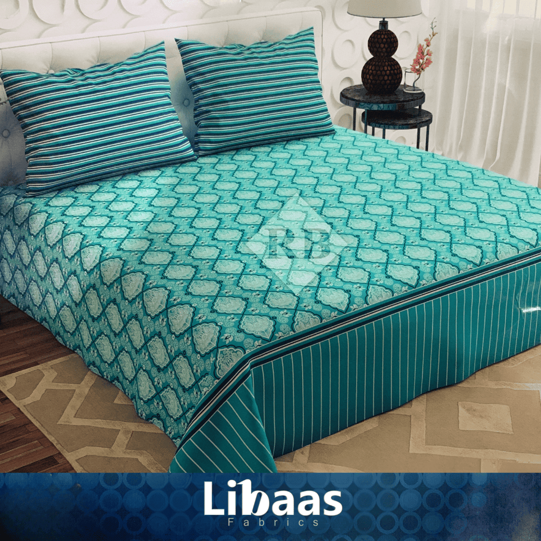 Teal Blue Geometric Cotton Bed Sheet Set - Libaas Fabrics