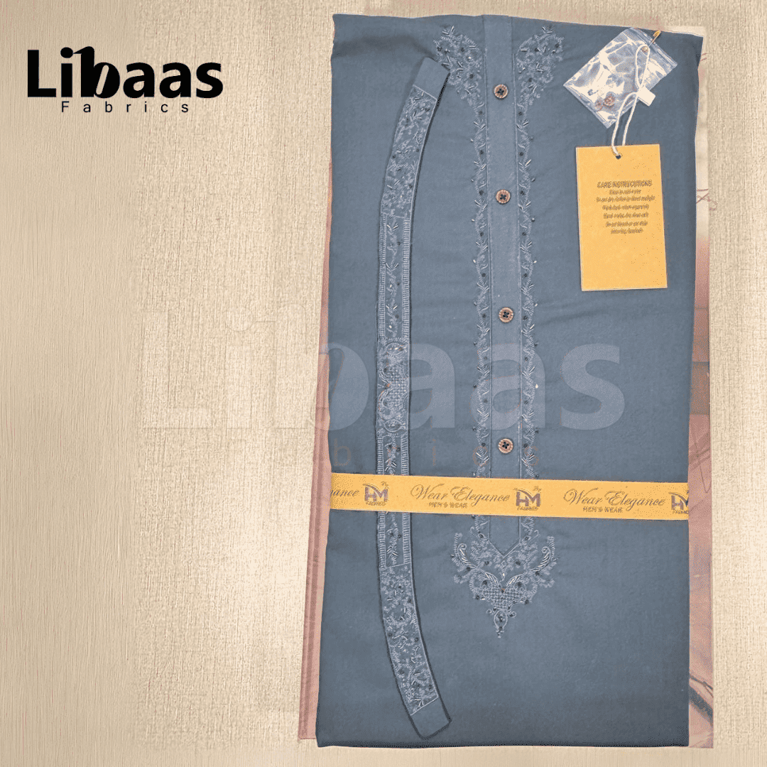 Teal Cotton Kurta Fabric – Classic Embroidered Neckline (Unstitched) - Libaas Fabrics