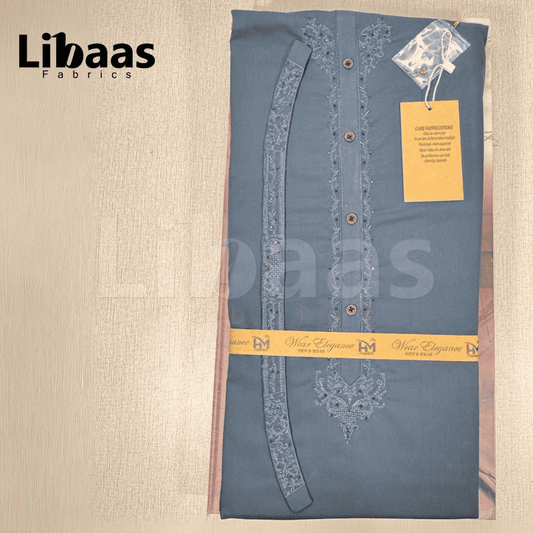 Teal Cotton Kurta Fabric – Classic Embroidered Neckline (Unstitched) - Libaas Fabrics