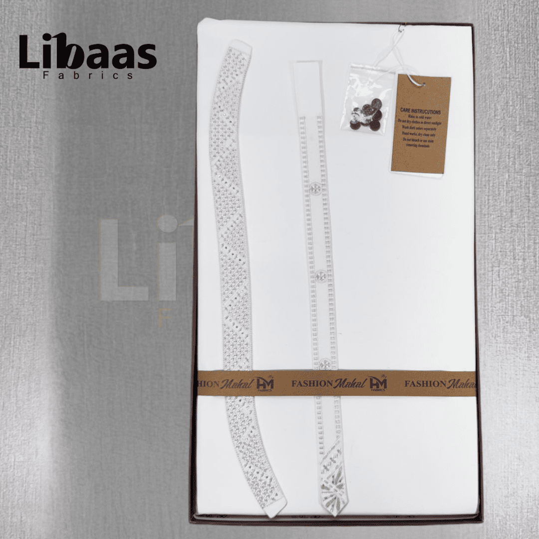 White Cotton Kurta Fabric – Classic Embroidered Neckline (Unstitched) - Libaas Fabrics