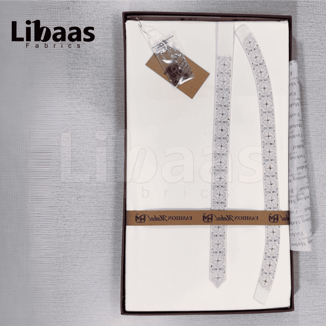 White Cotton Kurta Fabric – Classic Embroidered Neckline (Unstitched) - Libaas Fabrics